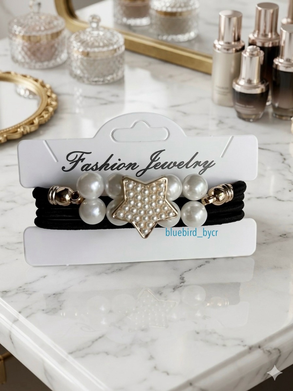 Fashion Jewelry Black Elastic Hair Ties with Pearl Beads & Gold Star Charm